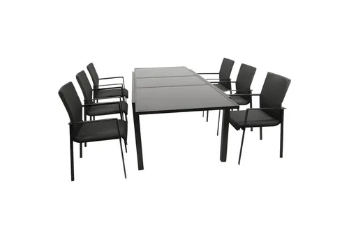 DEGAMO Garnitur TORINO 7-teilig - Gartenmöbel-Set mit 6 bequemen Stapelsesseln und einem ausziehbaren Tisch (180-240 cm) aus Aluminium und Sicherheitsglas. Wetterfest und ideal für gesellige Stunden im Freien.