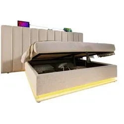 Redom Polsterbett Beige 180x200 cm mit LED-Beleuchtung und Ladefunktion - Dieses stilvolle Polsterbett in Beige überzeugt mit modernem Design und praktischen Features. Integrierte USB-Anschlüsse und eine steuerbare LED-Beleuchtung sorgen für Komfort und Atmosphäre im Schlafzimmer.