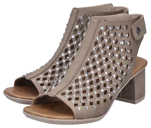 Rieker Damen Schaftsandalette mit Strass und Karree-Form 64777, Größe: 39 EU, Farbe: Beige - Elegante Schaftsandalette mit funkelndem Strass-Besatz. Die Hochfront-Gestaltung bietet sicheren Halt und kombiniert modisches Design mit hohem Tragekomfort – ideal für warme Sommertage.