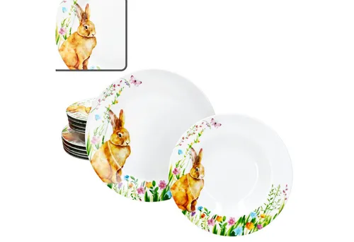 MamboCat Tafelservice 12tlg Osterfreude für 6 Personen - Hochwertiges Porzellan Tafelservice mit fröhlichem Hasen-Design, perfekt für festliche Anlässe und Ostern.