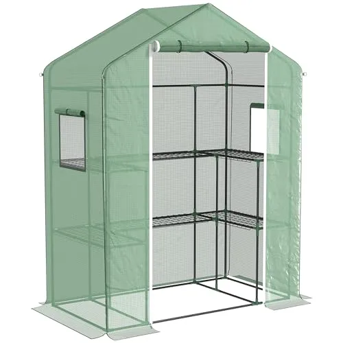 Outsunny Garten-Gewächshaus mit 1 Tür, 2 Fenstern und 2 Einlegeböden, U-Form, für Gemüse, Pflanzen, Blumen, PE-Plane, 140 x 73 x 190 cm, Grün
