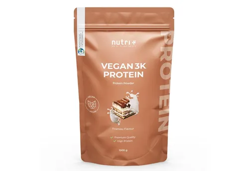 nutri+ Protein Pulver Vegan 3K - 1000 g - Vegan Proteinpulver für optimale Leistung mit über 80 % Eiweiß. Ideal für Muskelaufbau und Definitionsphase, frei von Laktose und künstlichen Zusätzen.