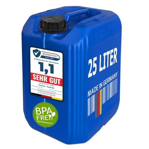 plasteo® 25 Liter Getränke- Wasserkanister mit 1 Schraubdeckel (DIN 61) | Lebensmittelecht | Stapelbar | Indoor und Outdoor | BPA Frei | Luft- und Wasserdicht | Blau