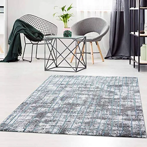 Teppich Flachflor Modern im Ethno-Look in Blau Wohnzimmer Größe 80/150 cm