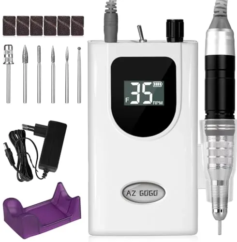 Nagelfräser Elektrisch 35000u/Min Wiederaufladbare, AZ GOGO Profi Nagelfeile Maniküre Pediküreset Elektrisch Akku Nagelstudio/DIY-Maniküre, Acryl Gele Kallus Entfernen, 8 Aufsätzen Inkl.2 Bits Keramik