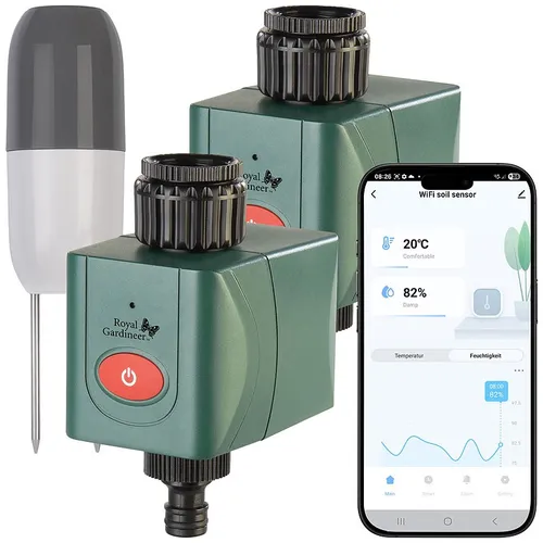 Royal Gardineer 2er-Set WLAN-Bewässerungscomputer mit Bodensensor