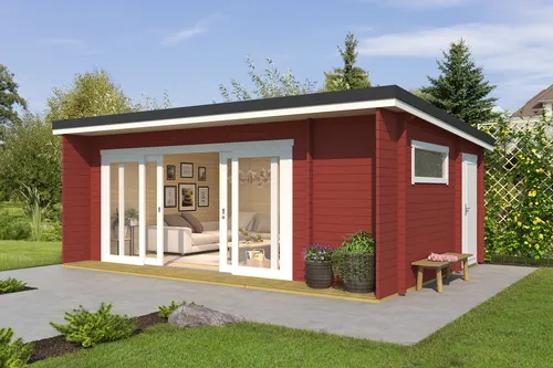 Gartenhaus Blockhaus Pultdach 44 mm Java rot 628x460 cm