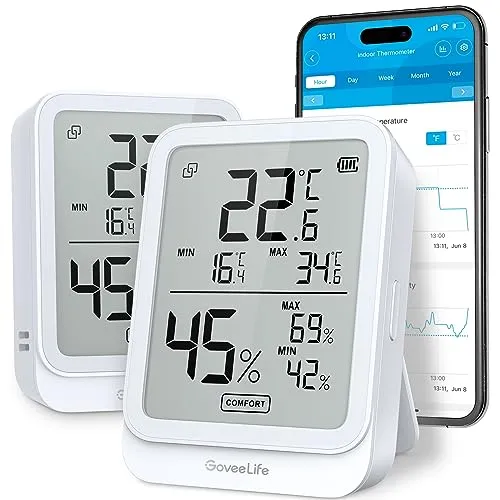GoveeLife Digitales Thermometer-Hygrometer, Bluetooth LCD Feuchtigkeitsmesser, Innenhygrometer mit Benachrichtigungsalarm, Temperaturüberwachung mit App, Datenspeicherung für Zuhause Garage Weinkeller