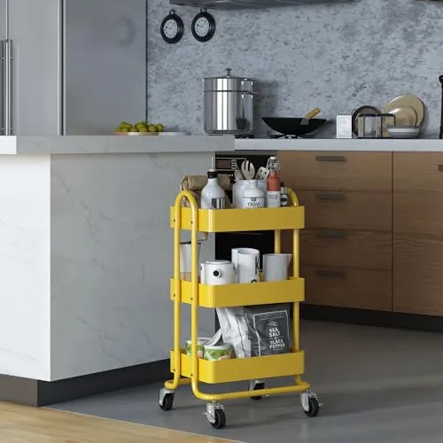 [en.casa] Servierwagen Pyhäntä - Flexibler Rollwagen mit 3 Ebenen - Servierwagen für Küche, Bad und Büro, ausgestattet mit 4 leichtgängigen Rollen und 2 Feststellbremsen für sicheren Stand. Ideal zur Aufbewahrung und Organisation von Geschirr, Snacks oder Büromaterialien.
