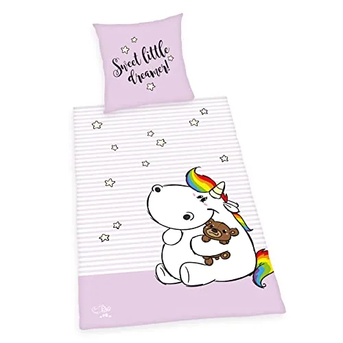 Herding Bettwäsche-Set Pummeleinhorn, Kopfkissenbezug 80 x 80 cm, Bettbezug 135 x 200 cm, Mit Knopfleiste, Baumwolle