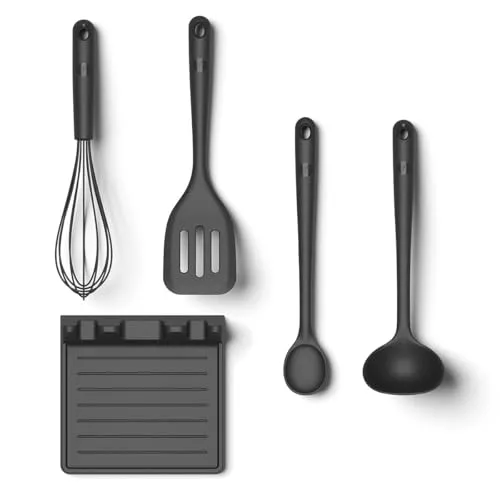 Hoffmann Küchenhelfer-Set, 5-teilig, Anthrazit, Silikon-Edelstahlkern - Umfassendes Küchenhelfer-Set mit Schöpfkelle, Kochlöffel, Pfannenwender, Schneebesen und praktischer Ablage. Hitzebeständig und spülmaschinenfest, ideal für beschichtete Pfannen und eine saubere Arbeitsfläche.