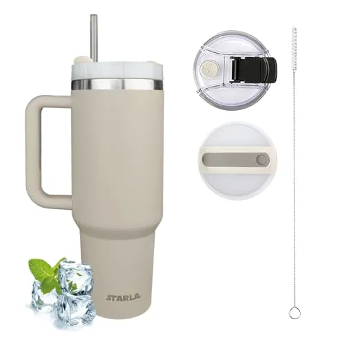 STARLA Thermobecher mit Strohhalm und Henkel 1,2l groß, 2 Deckel, auslaufsicher, Edelstahl Isolierbecher Kaffeebecher To Go Wasserbecher Getränkebecher Reisebecher Trinkbecher mit Griff (Dune)