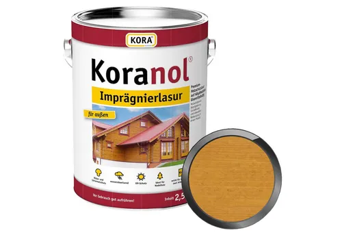KORA Holzgrundierung Koranol Imprägnierlasur - 2.5 Ltr - Premium-Holzschutzlasur auf Alkydharzbasis für dekorativen Wetterschutz und Grundierung. Ideal für Nadelholz, schützt vor Bläue und Schimmel. Hervorragende wasserabweisende Wirkung mit UV-stabilen Pigmenten.