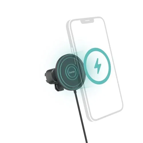 Hama Auto Ladegerät 15 Watt - Kabelloses Kfz Handy Ladegerät für iPhone - Kfz-Handyladegerät mit magnetischer Halterung für iPhones der Serien 13-16. 360° drehbar für optimale Nutzung im Hoch- und Querformat. Sicheres, kabelloses Laden mit Überladeschutz.