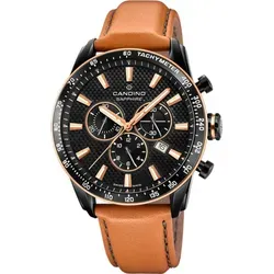 Candino C4759/1 Herren Chronograph Armbanduhr - Braun - Stylische Herren-Chronographen-Armbanduhr von Candino mit braunem Lederarmband und robustem Edelstahlgehäuse. Saphirglas schützt das schwarze Zifferblatt. Ideal für sportliche Anlässe und den täglichen Gebrauch.