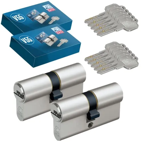 BASI | 2er SET V55 Profil-Doppelzylinder N+G 50/50 mm | Gleichschließend | Zylinderschloss mit 5 Wendeschlüssel | Not- und Gefahrenfunktion | Pickingschutz & Anbohrschutz | Türzylinder Schließzylinder
