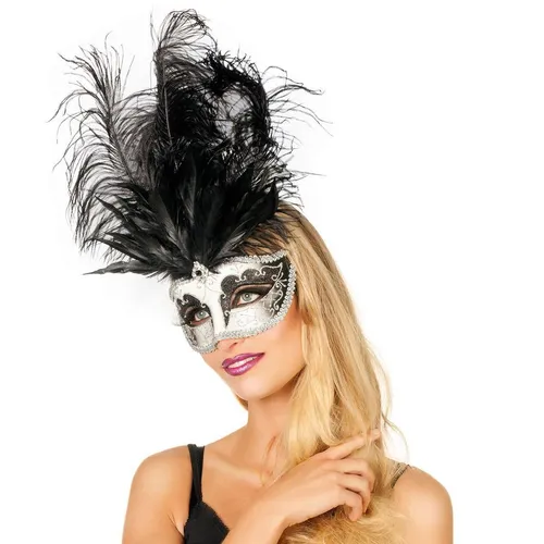 Veneziansiche Augenmaske schwarz silber Federmaske Augen Maske mit Federn neu