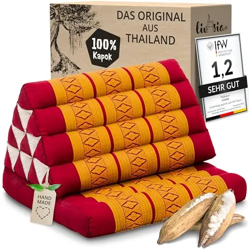 livasia Thaikissen mit 1 Auflage - 75x50x8cm - Handgefertigtes Dreieckskissen für Entspannung - KOMFORTABEL ENTSPANNEN: Das handgefertigte Dreieckskissen mit klappbarem Sitzpolster ist ideal für Yoga, Meditation und mehr. Mit seiner robusten Baumwollhülle und Kapok-Füllung bietet es vielseitige Nutzungsmöglichkeiten drinnen und draußen.