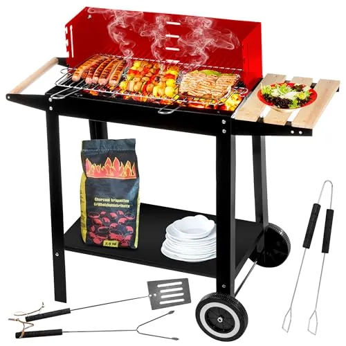 Five-Star Grill&Chill Holzkohlegrill – Verchromter Doppelrost 50 × 26,5 cm, 4-fach höhenverstellbar – Mobil mit Rädern & Holzablage – Für Garten, Balkon & Camping – Emaillierte Feuerschale