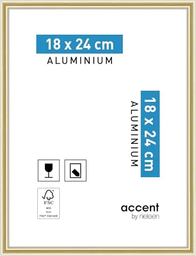 accent by nielsen Bilderrahmen, 18 x 24 cm, Aluminium, Gold glanz, Fotorahmen zum Auftstellen und Aufhängen im Hoch- & Querformat, Echtglas, Accent