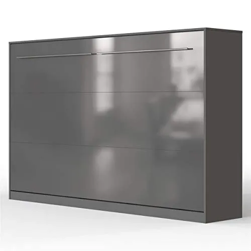 SMARTBett Schrankbett Standard Anthrazit mit Hochglanzfront 120 Horizontal - Praktisches Schrankbett mit geräuschlosem Öffnungsmechanismus durch Gasdruckfedern. Integriertes Regal für persönliche Gegenstände und robuste Konstruktion mit einer Traglast von bis zu 300 kg.