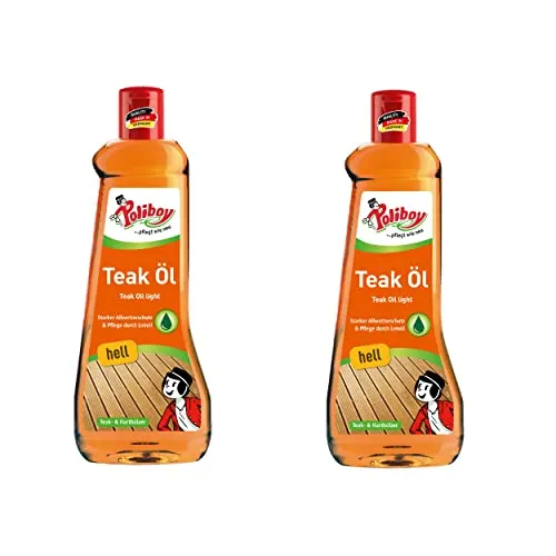 Poliboy Teak Öl hell - 2x0,5 Liter - Holzöl für geölte und naturbelassene Hölzer, reinigt, pflegt und schützt. Schützt vor Verwitterung und Vergrauen, für langlebigen Werterhalt und seidigen Glanz.