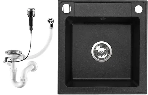 Faizee Möbel Granitspüle 44x46 - Eckige Einbaugranitspüle - Sanitäranlagen & Zubehör - Hochwertige schwarze Granitspüle, ideal für moderne Küchen, inklusive Siphon und Ablaufgarnitur.