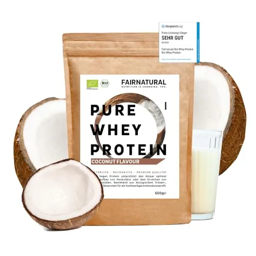 FAIRNATURAL® Pure Whey Protein Pulver Bio Kokosnuss [600G] - 100% Natürliches Eiweiß - Molkenproteine in Premium-Qualität, 100% natürlich ohne Süßstoffe, ideal für Muskelaufbau und leckere Shakes. Hergestellt in Deutschland, nachhaltig verpackt.