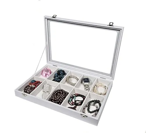 Schmuckkasten Schmucklade Schaukasten Schmuckdisplay mit Glasdeckel 10 Fächer weiss