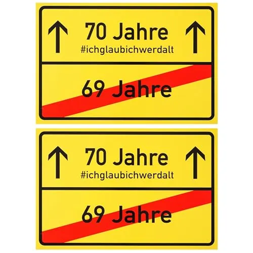 Ortsschild zum 70.Geburtstag, 2 Stück, 1 mm PVC, 30 x 20 cm, Scherzartikel für Geburtstagsgeschenk, Geburtstagsüberraschung 70 Jahre, Schild als Geburtstagsdekoration, lustiges Hinweisschild siebzig