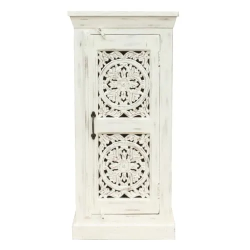 Indische Kommode aus Mangoholz mit Schnitzerei - 107 cm Whitewash - Kommode aus robustem Mangoholz, handgeschnitzte Türen mit floralen Motiven. Ideal als Flurschrank oder dekorativer Blickfang, bereits montiert für sofortigen Einsatz.