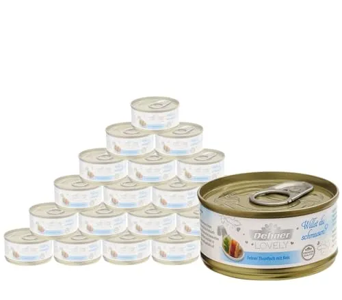 Dehner Premium Lovely Katzenfutter - Glutenfreies Nassfutter für ausgewachsene Katzen, mit delikatem Thunfisch und Reis, ideal als exklusive Belohnung ohne künstliche Zusatzstoffe.