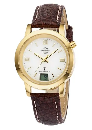 MASTER TIME Funkuhr MTLA-10299-13L - elegante Damenuhr mit Langzeitbatterie - Damenuhr mit Quarzwerk und Funkempfang, wasserdicht bis 3 bar, bietet automatischen Kalender und stilvolles Design in gold und braun.