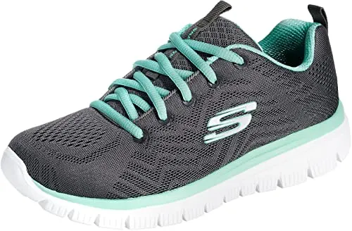 Skechers Damen Graceful-get Connected-12615 Sneakers - Charcoal Mesh mit grünem Trim, gepolsterte Komfort-Einlegesohle und flexible Traktions-Laufsohle für optimalen Komfort