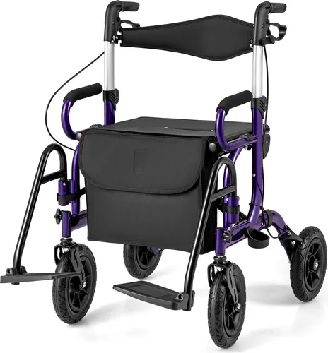 COSTWAY 2in1 Rollator & Rollstuhl faltbar mit Sitz, Luftbereifung, Tasche & Stockhalter, Gehhilfe 6-fach höhenverstellbar bis 140kg Alu Lila