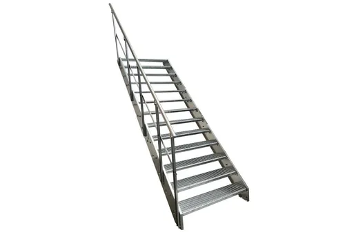 Kaminbau Mierzwa Außentreppe Stahltreppe 15 Stufen verzinkt Wangen mit und ohne Geländer Anthrazit, für Geschosshöhen bis 285 cm, Stufen Gitterroststufen nach DIN 24531, (Stufenbreite und Geländerart wählbar), Aus Premium Materialien hergestellt