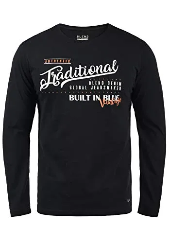 Blend BHDopper Herren Longsleeve Langarmshirt Shirt mit Print Baumwollmischung Regular fit, Größe:L, Farbe:Black (70155)