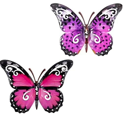 CIM Metall Wand-Deko - Schmetterling 2er Set - Pink/Violett 24cm - tierische 3D Wandbilder - Wandschmuck inkl. praktischer Wandbefestigung - Lebhafte Wandskulptur