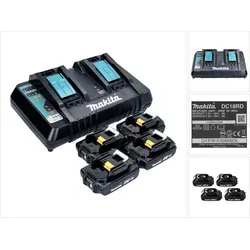 Makita Power Source Kit 18 V mit 4x Akkus und Schnellladegerät - Zubehör für Elektrowerkzeug: Lieferumfang umfasst 4 leistungsstarke 2,0 Ah Akkus und ein schnelles Doppel-Ladegerät für effizientes Arbeiten.