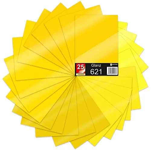 Finest Folia 25 x Din A4 Bögen Plotterfolie 621/631 Selbstklebende Folie im Set Vinyl zum Plotten DIY Bastelfolie Sticker Beschriftung Aufkleber 29,7x21cm (Gelbtöne matt, 25er Set)