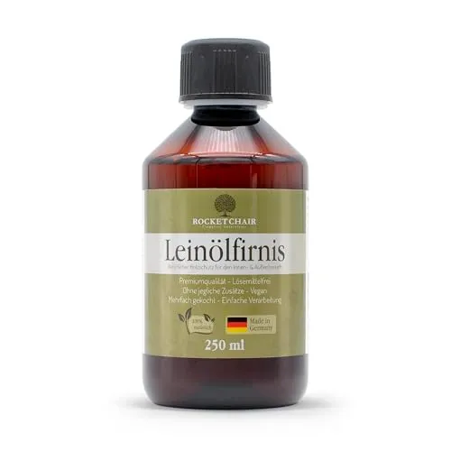 Produktbild Rocketchair Leinölfirnis – 100% reines Premium Holzöl Made in Germany – Holzschutz & Holzpflege innen & außen – ideal für Möbel, Parkett, Arbeitsplatten & Schneidebretter (250ml)