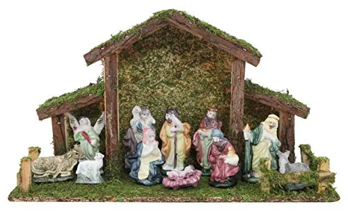 Toyland® Weihnachtskrippe, traditioneller Krippenstall mit 11 Figuren, Weihnachtsdekoration