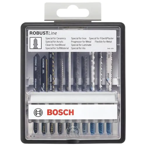Bosch Accessories 2607010574 Stichsägeblatt-Set Robust Line Top Expert, 10-teilig - Sägeblätter-Set für vielseitige Anwendungen, ideal für Keramik, GFK, Gips, Acryl und Laminat. Perfekte Schnitte in Hartholz und Metall, kompatibel mit Einnockenschaft-Stichsägen.