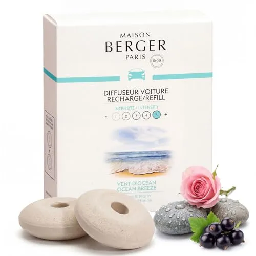 Maison Berger – Auto Duftdiffusor Nachfüllset Frische Ozeanbrise – 2 Keramik Nachfüllpads, Passive Duftabgabe 4–6 Wochen, Ohne Flüssigkeit & Batterie