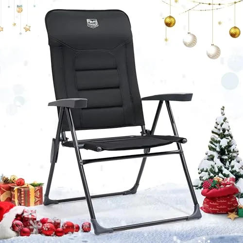 TIMBER RIDGE Gartenstuhl Hochlehner Verstellbar 7-Fach Alu Klappstuhl gepolstert 150kg mit Armlehnen und Kopfstütze Atmungsaktiv klappbar Campingstuhl Balkonstuhl Klappsessel Garten Terrasse Schwarz