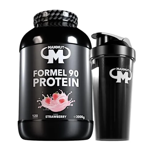 Mammut Nutrition Formel 90 Proteinpulver Erdbeere 3 kg - Hochwertiges 4-Komponenten Proteinpulver mit 77% Proteinanteil. Perfekt für Sportler und gesundheitsbewusste Ernährung. Inklusive auslaufsicherem Shaker für einfache Zubereitung.