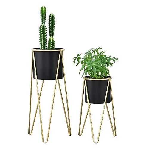 [en.casa] Pflanzständer Set 'Hedera' - 2er Set Blumenständer aus Metall - Pflanzenregale im 2er Set mit zeitlosem Design, perfekt für Ihr Wohnzimmer. Aus Metall in Schwarz-Gold, ideal für stilvolle Blumendekoration.