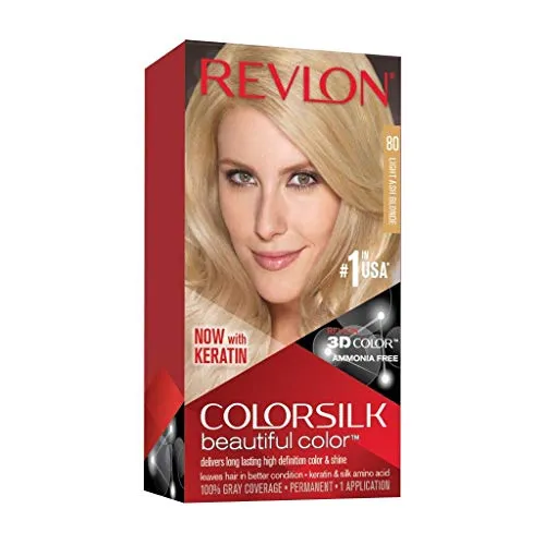 Revlon Colorsilk Beautiful Color, permanente Haarfarbe mit Keratin, 100% Grauabdeckung, Ammoniakfrei, 80 Hell-Aschblond