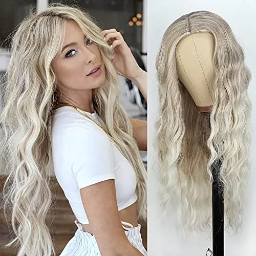 PORSMEER Lange Lockige Blond Ombre Perücke Damen Natürlich Haarperücken für Frauen Afro Alltag Anime Cosplay Kostümparty Halloween Karneval Wig