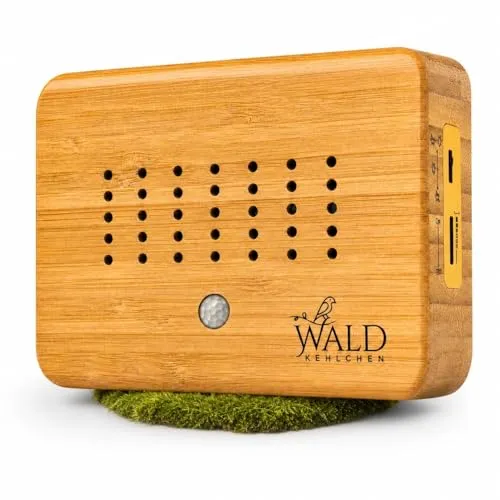 WALDKEHLCHEN® – Premium Vogelgezwitscher Box aus echtem Voll-Bambus Vollholz – Hochwertige Soundbox mit Naturgeräuschen, Bewegungsmelder & Nachtlicht